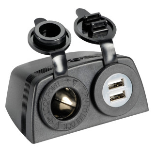 Dual USB Socket and Power Outlet w/ Lid and Frame (Dashtop Mount), 12V/24V, 2.1A